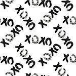 Xoxo seamless vector pattern. Brush stroke black and white repeat background.