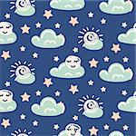 Seamless pattern with clouds and moon. Cute blue vector background for kids apparel.
