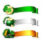 Patricks Day banners. Colorful ribbons with green leprechaun top hat, pot full of gold coins and golden coins of leprechaun with clover. Vector illustration isolated on white background