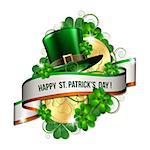 Patrick day card with ribbon, gold coins, leprechaun hat and clover leaves. St. Patricks Day symbols. Vector illustration