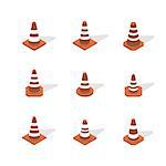 Set of different cone signs road repairs, isolated on white background. Under construction design elements. Flat 3D isometric style, vector illustration.