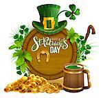 St. Patrick's day party text greeting card. Gold coins, wooden barrel and mug beer, gold horseshoe, hat and leaves clover. Isolated on white vector cartoon illustration