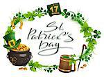 Patricks Day accessories pot gold, beer mug, clover leaf, March 17, wreath grass. Isolated on white vector cartoon illustration