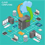 Data Network Cloud Computing Technology Isometric business concept with network server, computer, laptop, router and multimedia icons. Storage and transfer data. Vector illustration