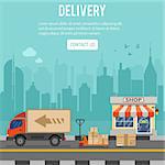 Shopping and Delivery concept with flat Icons Set for e-commerce marketing and advertising with shop, delivery, truck and cityline. Vector illustration