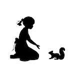 Silhouette girl sitting knees beckon squirrel. Vector illustration