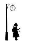 Silhouette girl school bag waiting. Vector illustration