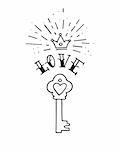 Hand drawn vintage love key with heart and crown in traditional tattoo style. Vector illustration.