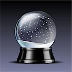 Snow globe with falling snowflakes. Realistic transparent glass sphere on black pedestal. Magic glass sphere on dark background. Vector illustration EPS 10