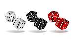 Set of falling dice isolated on white. Two white, red and black dices. Casino gambling template concept. Vector illustration