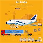 Air Cargo Delivery and Logistics with flat Icons truck, aircraft, airport, tug and forklift. Vector illustration