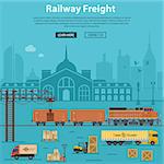 Railway Freight Delivery and Logistics with flat Icons train, delivery, station, truck, rails and forklift. Vector illustration