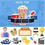 Cinema and Movie time concept with flat icons masks, 3D glasses, clapperboard and viewer with popcorn and soda in hands. Isolated vector illustration