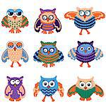 Set of nine amusing ornate owls with circles isolated on the white background, vector illustration