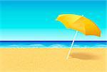 Beach umbrella on a deserted beach near ocean. Vacation flat vector concept. Empty beach without people with parasol and blue sky at sea background. Horizontal poster, banner or flyer for a holiday party with an empty space for text