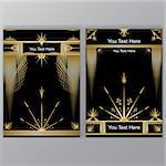 Art Deco template golden-black, two A4 pages, menu, card, invitation to party, flower in  ArtDeco/Art Nuvo style, beautiful bakcground .