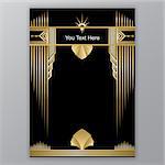 Art Deco template golden-black, A4 page, menu, card, invitation, Sun and leaf in ArtDeco/Art Nuvo style, beautiful bakcground .