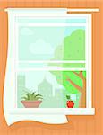 open window with summer landscape with succulent plant on pot and apple on windowsill