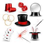 Magician symbol set with black cylinder hat, falling dice, Magic wand, rabbit ears appear from the magic hat, linking metal rings, four aces deck of cards for playing, Shell game and magic Globe