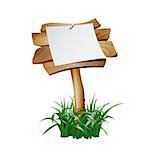 Announcement, empty paper blank on wooden signboard in grass. 10eps vector illustration isolated on white background