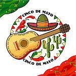 Vector illustration of Cinco de Mayo Day. Cartoon Sombrero, guitar, pepper and cactus. 5 May greeting card. Mexican Elements in flat style. Mexican icons.Traditional items isolated on white.