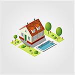 Isometric building with yard. Flat style. Vector illustration.