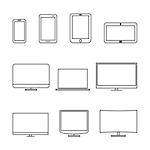 Set of computer monitors, laptop, e-book, tablets and mobile phones from thin lines. Electronic gadgets isolated on white background, vector illustration.
