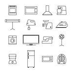 Set of different elements of household appliances from thin lines, isolated on white background, vector illustration.