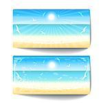 Two banners of sand beach at sunset time. Vector illustration.