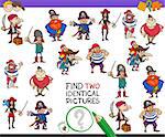 Cartoon Illustration of Finding Two Identical Pictures Educational Game for Children with Pirates Fantasy Characters