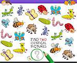 Cartoon Illustration of Finding Two Identical Pictures Educational Game for Children with Bugs Animal Characters