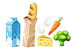 Set of grocery food products for healthy eating. Organic foods: milk, bread baguette, eggs, cheese and vegetables, carrot, broccoli cabbage. Halthy lifestyle ration. Eps10 vector illustration, isolated on white background.