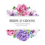 Wedding Invitation card design with flowers in watercolor style on white background. Template for greeting card.