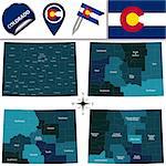 Vector map of Colorado with named regions and travel icons
