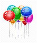 Birthday balloons soaring in air, red gift decoration for holiday. Vector illustration on transparent background.