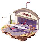 Vector low poly airfield with hangar and small propeller airplane