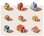 Vector low poly isometric city buildings, houses and stores set