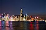 City skyline at night of the financial centre on Hong Kong Island with Bank of China Tower and Two International Finance Centre (2IFC), Hong Kong, China, Asia