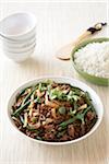 Ground beef stir fry with green beans and onions in white bowl with side dish of rice