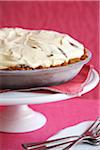 Ice cream pie on a cake stand with a pink background