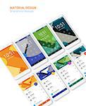 Trendy mobile UI kit, material geometric backgrounds. Welcome, lock, home page and file manager screens, with 3d isometric smartphone mockups