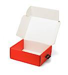 Open Red Product Packaging Box Lying on White background