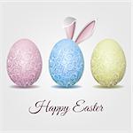 Easter card with pale pastel Easter eggs, Bunny ears and text Happy easter. Elegant style decor on christian resurrection symbol. Vector illustration