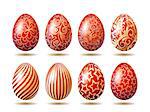 Set of Easter bright red eggs with golden ornament isolated on white background. Traditional spring holidays in April or March. Vector icons for spring greeting card, banner, wallpaper or poster.