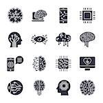 Simple set of artificial intelligence related line icons contains such icons as droid, eye, chip, brain. EPS 10