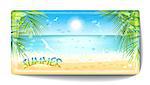 Banner of sand beach at sunset time. Vector illustration.