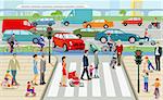 City with pedestrian crossing and road traffic, illustration