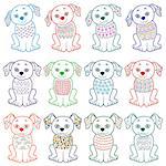 Set of twelve amusing cartoon dogs with various decorative design elements, vector illustration