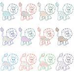 Set of twelve amusing cartoon lions with various decorative design elements, vector illustration