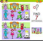 Cartoon Illustration of Finding Seven Differences Between Pictures Educational Activity Game for Children with Robots Fantasy Characters Group